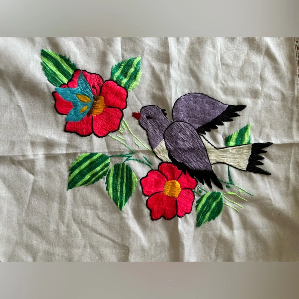 Embroidered Bird & Floral Lace Doily ⚠️ Stains 24 x 21 Large Piece